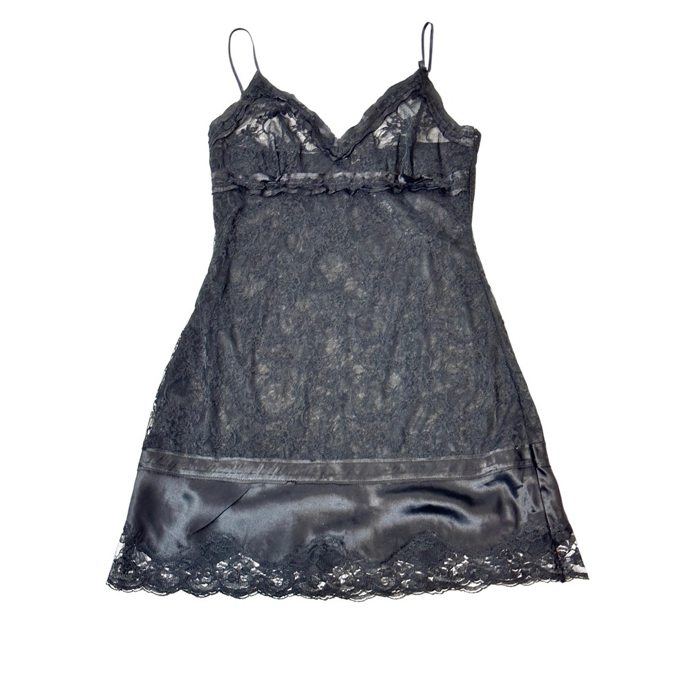 Vintage Y2K PJ Salvage Black Floral Lace Silk Trim Chemise Slip Dress Medium